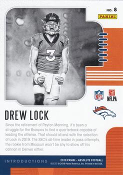 2019 Panini Absolute - Introductions #8 Drew Lock Back