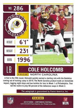 2019 Panini Contenders #286 Cole Holcomb Back