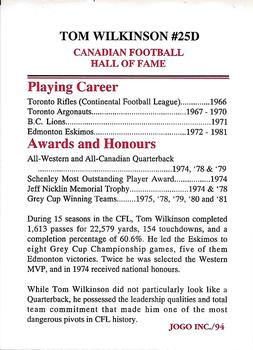 1994 JOGO Hall of Fame Series D #25D Tom Wilkinson Back