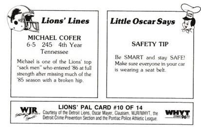 1986 Detroit Lions Police #10 Michael Cofer Back