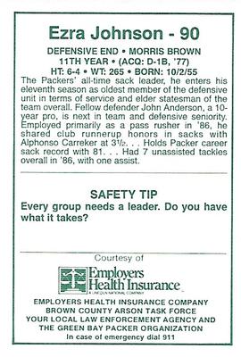 1987 Green Bay Packers Police - Employers Health Insurance, Brown County Arson Task Force, Your Local Law Enforcement Agency #4-25 Ezra Johnson Back