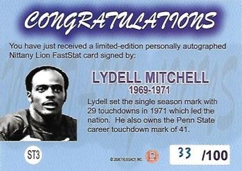 2007 TK Legacy Penn State Nittany Lions - Fast Stat Autographs #ST3 Lydell Mitchell Back