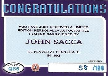 2007 TK Legacy Penn State Nittany Lions - QB Club Autographs #QB5 John Sacca Back