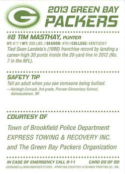 2013 Green Bay Packers Police - Town of Brookfield Police Department #20 Tim Masthay Back