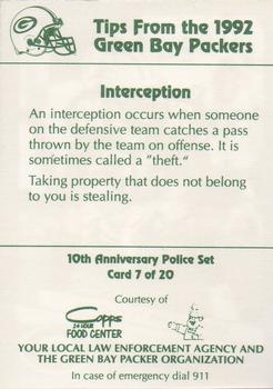 1992 Green Bay Packers Police - Copps Food Center, Your Local Law Enforcement Agency #7 Vinnie Clark Back