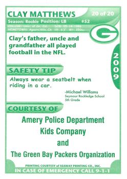 2009 Green Bay Packers Police - Amery Police Department, Kids Company #20 Clay Matthews Back