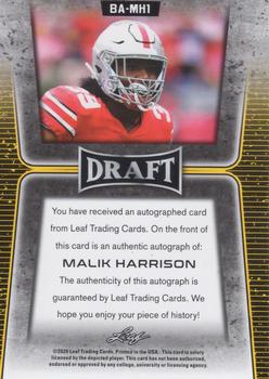 2020 Leaf Draft - Autographs Gold #BA-MH1 Malik Harrison Back