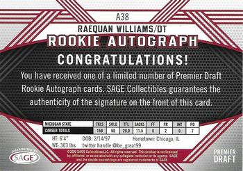 2020 SAGE HIT - Rookie Autographs Red #A38 Raequan Williams Back