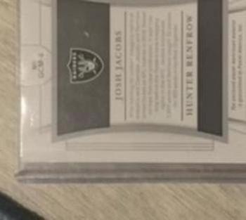 2019 Panini National Treasures - Rookie NFL Gear Combo Materials Laundry Tag NFL Shield #GCM-6 Hunter Renfrow / Josh Jacobs Back