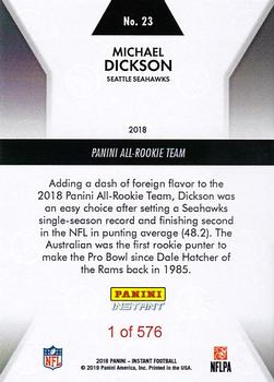 2018 Panini Instant NFL - All-Rookie Team #23 Michael Dickson Back
