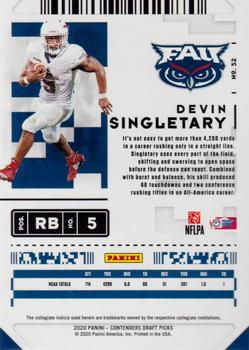 2020 Panini Contenders Draft Picks - Bowl Ticket #32 Devin Singletary Back