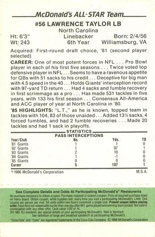 1986 McDonald's All-Star Team - Full Game Pieces: Week 4 Green Tab #NNO Lawrence Taylor Back
