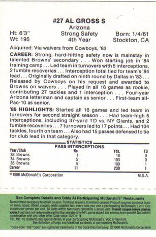 1986 McDonald's Cleveland Browns - Full Game Pieces - Week 4 Green Tab #NNO Al Gross Back