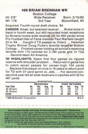 1986 McDonald's Cleveland Browns - Full Game Pieces - Week 4 Green Tab #NNO Brian Brennan Back