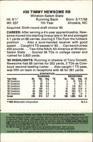 1986 McDonald's Dallas Cowboys - Full Game Pieces - Week 4 Green Tab #NNO Timmy Newsome Back