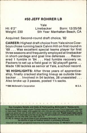 1986 McDonald's Dallas Cowboys - Full Game Pieces - Week 4 Green Tab #NNO Jeff Rohrer Back