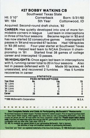 1986 McDonald's Detroit Lions - Full Game Pieces - Week 4 Green Tab #NNO Bobby Watkins Back