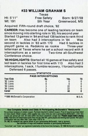 1986 McDonald's Detroit Lions - Full Game Pieces - Week 4 Green Tab #NNO William Graham Back