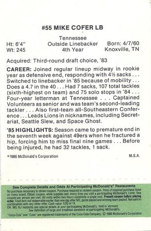 1986 McDonald's Detroit Lions - Full Game Pieces - Week 4 Green Tab #NNO Michael Cofer Back
