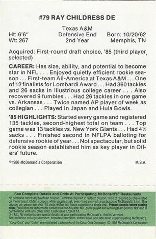 1986 McDonald's Houston Oilers - Full Game Pieces - Week 4 Green Tab #NNO Ray Childress Back