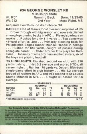 1986 McDonald's Indianapolis Colts - Full Game Pieces - Week 4 Green Tab #NNO George Wonsley Back