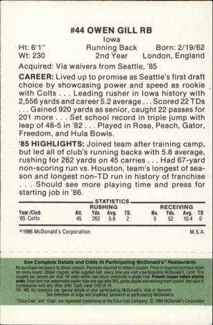 1986 McDonald's Indianapolis Colts - Full Game Pieces - Week 4 Green Tab #NNO Owen Gill Back