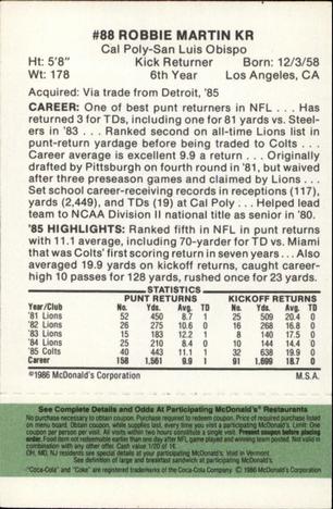 1986 McDonald's Indianapolis Colts - Full Game Pieces - Week 4 Green Tab #NNO Robbie Martin Back