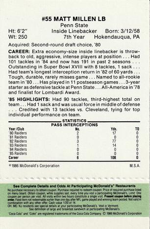 1986 McDonald's Los Angeles Raiders - Full Game Pieces Green Tab #NNO Matt Millen Back