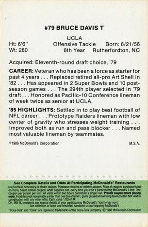 1986 McDonald's Los Angeles Raiders - Full Game Pieces Green Tab #NNO Bruce Davis Back