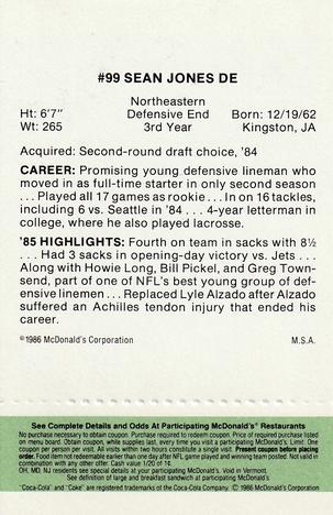 1986 McDonald's Los Angeles Raiders - Full Game Pieces Green Tab #NNO Sean Jones Back