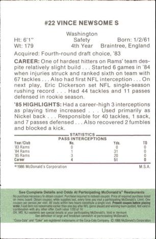 1986 McDonald's Los Angeles Rams - Full Game Pieces - Week 4 Green Tab #NNO Vince Newsome Back