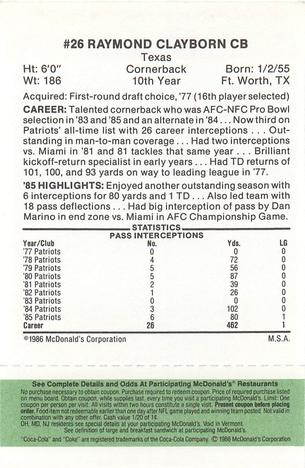 1986 McDonald's New England Patriots - Full Game Pieces - Week 4 Green Tab #NNO Raymond Clayborn Back