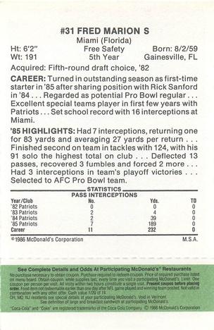 1986 McDonald's New England Patriots - Full Game Pieces - Week 4 Green Tab #NNO Fred Marion Back