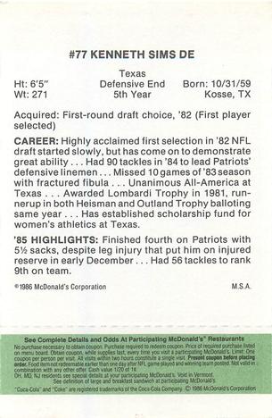1986 McDonald's New England Patriots - Full Game Pieces - Week 4 Green Tab #NNO Kenneth Sims Back