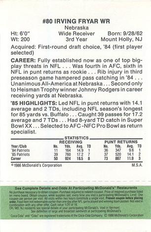 1986 McDonald's New England Patriots - Full Game Pieces - Week 4 Green Tab #NNO Irving Fryar Back