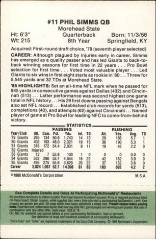 1986 McDonald's New York Giants - Full Game Pieces - Week 4 Green Tab #NNO Phil Simms Back