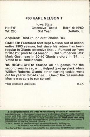 1986 McDonald's New York Giants - Full Game Pieces - Week 4 Green Tab #NNO Karl Nelson Back