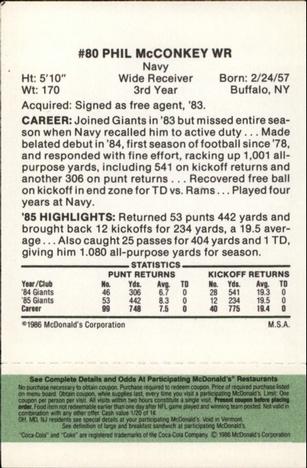 1986 McDonald's New York Giants - Full Game Pieces - Week 4 Green Tab #NNO Phil McConkey Back
