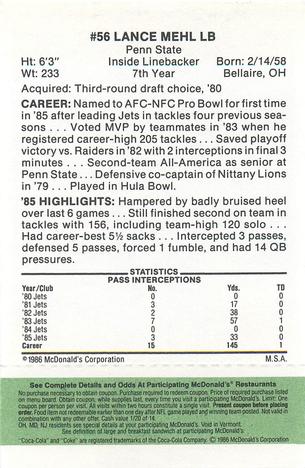 1986 McDonald's New York Jets - Full Game Pieces - Week 4 Green Tab #NNO Lance Mehl Back