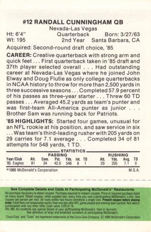 1986 McDonald's Philadelphia Eagles - Full Game Pieces - Week 4 Green Tab #NNO Randall Cunningham Back