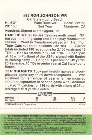 1986 McDonald's Philadelphia Eagles - Full Game Pieces - Week 4 Green Tab #NNO Ron Johnson Back