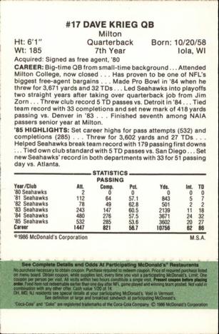 1986 McDonald's Seattle Seahawks - Full Game Pieces - Week 4 Green Tab #NNO Dave Krieg Back