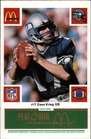 1986 McDonald's Seattle Seahawks - Full Game Pieces - Week 4 Green Tab #NNO Dave Krieg Front