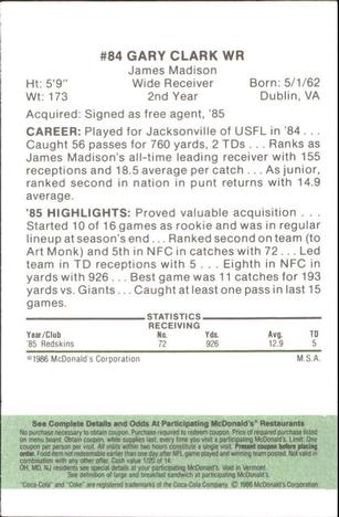 1986 McDonald's Washington Redskins - Full Game Pieces - Week 4 Green Tab #NNO Gary Clark Back
