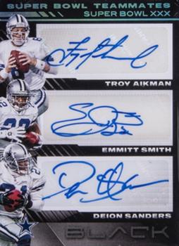 2020 Panini Black - Super Bowl Teammates Triple Autographs Platinum #SBT-XXX Troy Aikman / Deion Sanders / Emmitt Smith Front