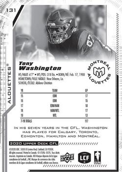 2020 Upper Deck CFL #131 Tony Washington Back