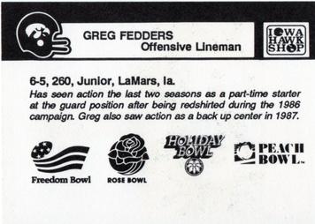 1989 Iowa Hawkeyes #NNO Greg Fedders Back