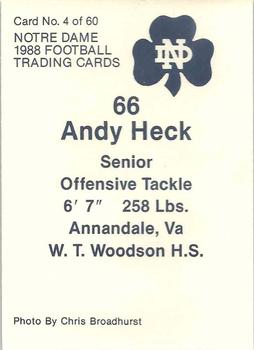 1988 Notre Dame Fighting Irish #4 Andy Heck Back