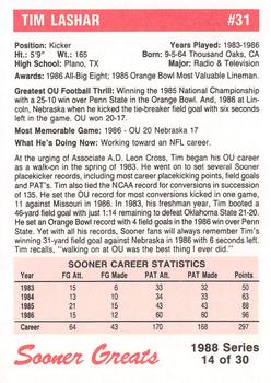 1988 Oklahoma Sooners Greats #14 Tim Lashar Back