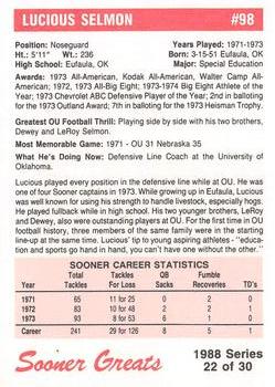 1988 Oklahoma Sooners Greats #22 Lucious Selmon Back